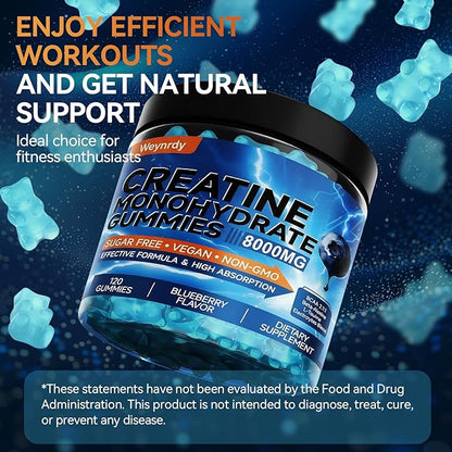 Creatine Monohydrate Gummies Complex 8000mg for Men & Women, Sugar Free Creatine Gummy with L-Taurine, BCAA 2:1, B12＆6, for Muscle Growth, Energy Boost & Recovery, Vegan, Gluten-Free, 120 Count