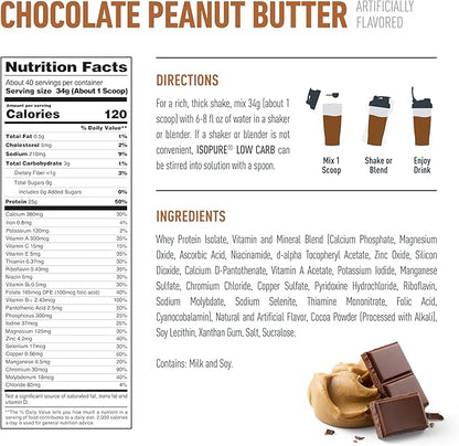 Isopure Low Carb 100% Pure Whey Isolate Protein Powder, Gluten Free, With Vitamins, Chocolate Peanut Butter, 25g Protein Per Serving, 3 Lbs, 40 Servings (Packaging May Vary)