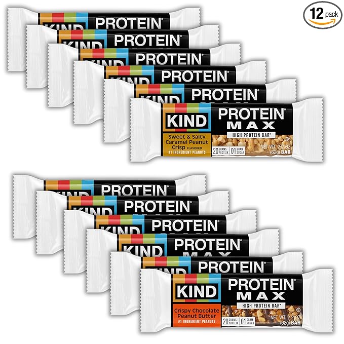KIND Protein MAX Variety Pack, High Protein Bars, Keto Snacks, 1g Sugar, 20g Protein, (6) Crispy Chocolate Peanut Butter (6) Sweet & Salty Caramel Crisp, 12 Count Pack