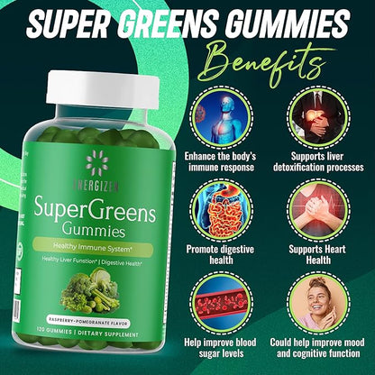 Green Superfood Gummies Plus - Supports Healthy Liver, Digestive Health & Immune System - Vegan, Non-GMO, Gluten-Free - Raspberry & Pomegranate Flavor - 120 Count