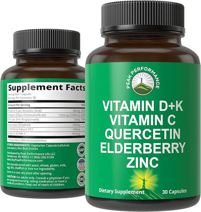 Peak Performance Immune Support Supplement - 6 Top Ingredients Vitamin D3 K2, Vitamin C, Elderberry, Zinc, Quercetin - Includes 5000 IU Vitamin D - Immunity Capsules - Supplements for Women and Men