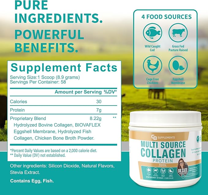 CB Supplements Multi Collagen Protein – Hydrolyzed Collagen for Joint, Skin, Gut, Hair & Nail Health – Vanilla Flavored Powder with Types I, II, III, V & X – Grass-Fed & Clean – 58 Servings