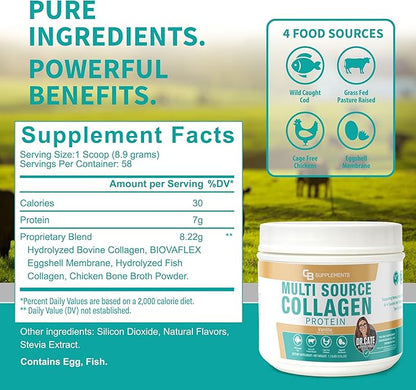 CB Supplements Multi Collagen Protein – Hydrolyzed Collagen for Joint, Skin, Gut, Hair & Nail Health – Vanilla Flavored Powder with Types I, II, III, V & X – Grass-Fed & Clean – 58 Servings