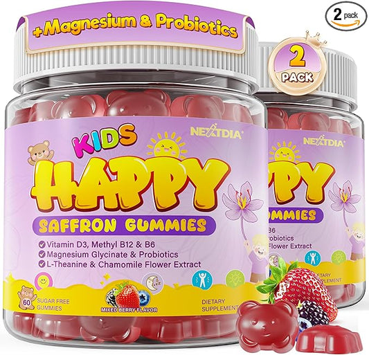 Happy Saffron Gummies for Kids Teen, Organic Saffron + Magnesium Glycinate Supplement with Probiotics, L-Theanine, Chamomile, D3, B6, B12 for Children's Focus & Mood, Calm, Sleep, Sugar Free, 120 Cts