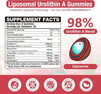 Liposomal 3000mg Urolithin A Gummies Complex CoQ10, Resveratrol, L-Carnitine, Quercetin, Astaxanthin | 7-in-1 Mitochondrial Support Supplement for Cellular Support, Vitality & Wellness Aging