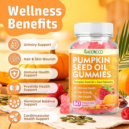 MEENCCD 2 Pack Pumpkin Seed Oil Gummies with Saw Palmetto, Pumpkin Seed Oil for Hair and Skin Health, Pumpkin Seed Extract for Women Men, Sugar-Free, Raspberry Flavor, 120 Count