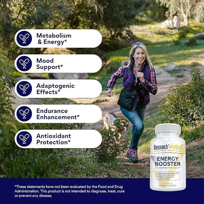 Research Verified Energy Booster - Natural Energy Support - 60 Capsules - Caffeine Free - B Vitamins and Adaptogens - 1 Month Supply