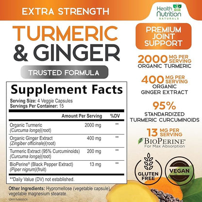 Turmeric Curcumin Supplement - 2000mg Organic Turmeric & 400mg Organic Ginger per Serving - 95% Curcuminoids & BioPerine Black Pepper for Best Absorption & Joint Support, Bottled in USA - 60 Capsules