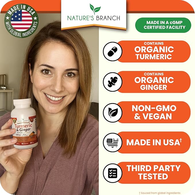 Turmeric and Ginger Supplement - Organic Turmeric & BioPerine - 95% Curcuminoids for Joint Support & Digestion | High Absorption Black Pepper Extract, Vegan, Curcumin Pills, Extra Strength 90 Capsules