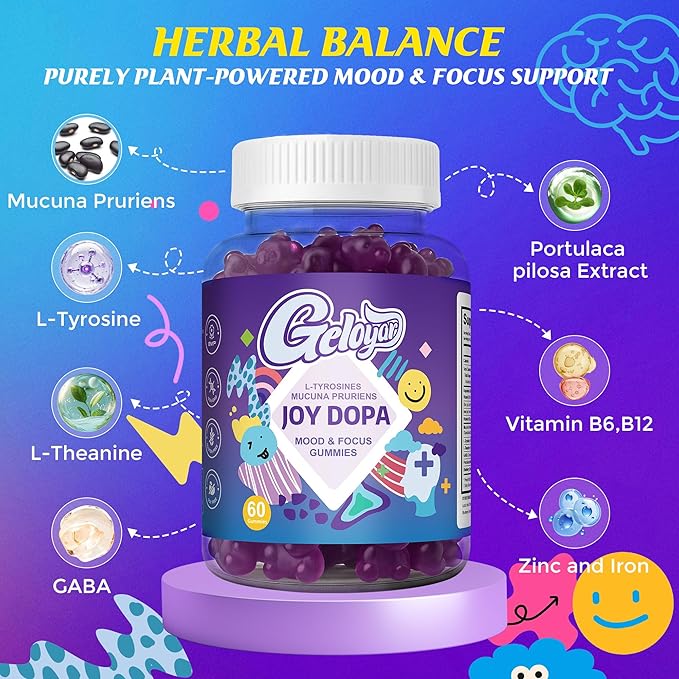 Joy Dopa Focus & Energy Gummies – Natural Dopamine Support with Mucuna Pruriens, L-Tyrosine, L-Theanine & GABA | Steady Focus, Daily Drive & Balanced Energy | Vegan, Non-GMO, Blueberry Flavor
