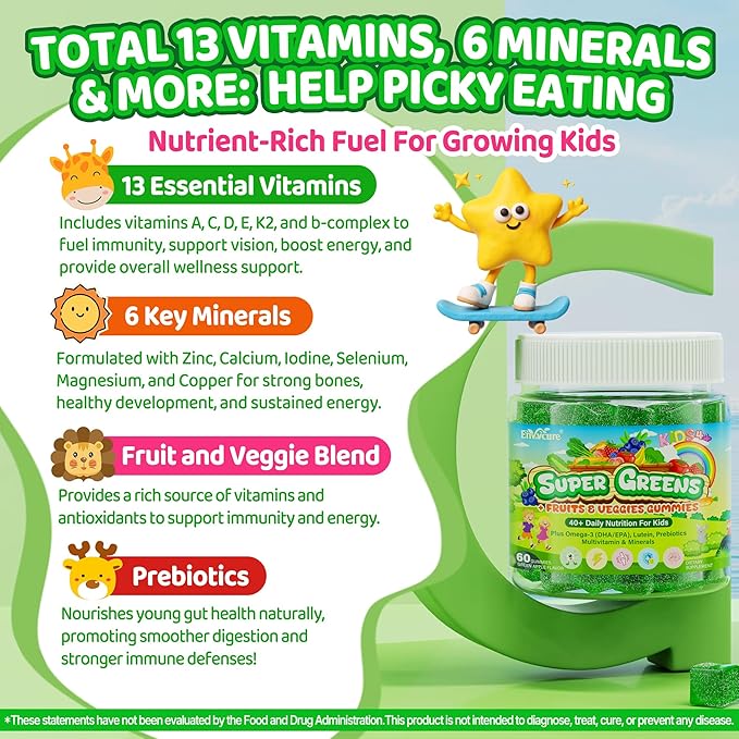 Kids Super Greens Gummies, w/Multivitamins, 20+ Veggie Fruit, Prebiotics, Calcium, Omega-3 (DHA/EPA), Kids Vitamins Greens Superfood Gummies for Picky Eaters Growth, Energy, Immune, Digestion, 1 Pack
