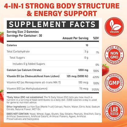 Calcium 1200 mg with Vitamin D3 Supplement for Adults - Calcium Gummies with Vitamin D3 5000IU, K2, B12 for Women Men - Extra Absorption Calcium Citrate - Natural Strawberry Flavor, 60 Gummies