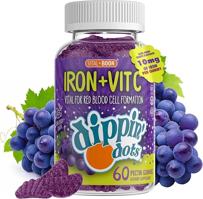 Vital+Boon - Iron with Vitamin C & B12 Gummies (60 Count) Vital for Red Blood Cell Formation | Gum Drop Grape Real Pectin Fruit Chew Supplements | Vegan, Non-GMO, Gluten Free & Gelatin Free