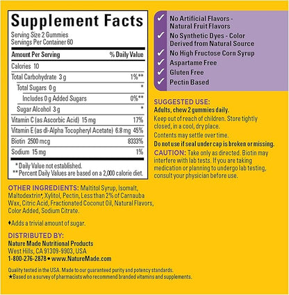 Nature Made Zero Sugar Hair Skin Nails Gummies,Biotin 2500 mcg per Serving,120 Sugar Free Gummies,60 Day Supply,(Pack of 2)