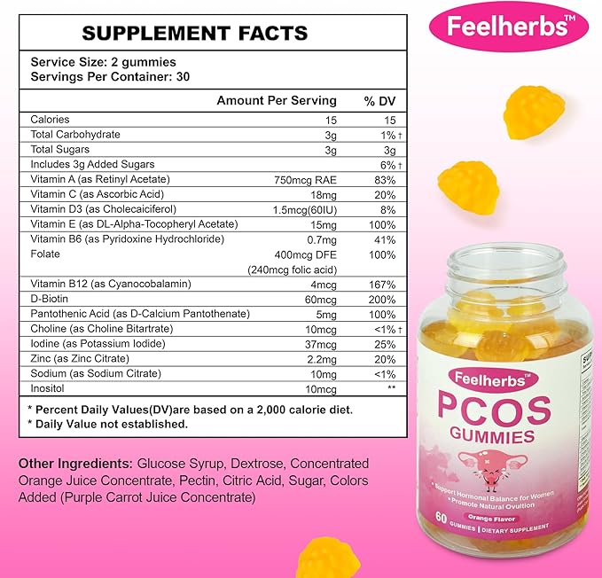PCOS Gummies for Women Menstrual Cycle & Hormonal Balance, 60 Count Ovarian Support Gummies with Myo-Inositol, Folate and Vitamins, Orange Flavor PCOS Vitamins Gummies Helps Fertility and Ovulation
