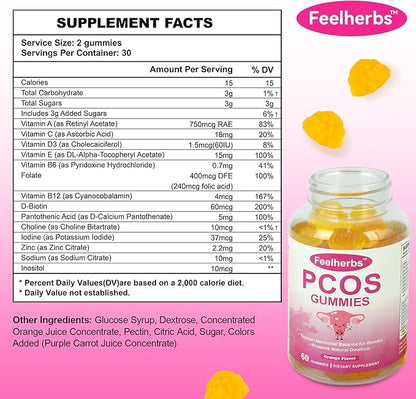 PCOS Gummies for Women Menstrual Cycle & Hormonal Balance, 60 Count Ovarian Support Gummies with Myo-Inositol, Folate and Vitamins, Orange Flavor PCOS Vitamins Gummies Helps Fertility and Ovulation