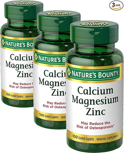 Nature's Bounty Calcium Magnesium & Zinc Caplets,Immune & Bone Health,Daily Supplement,1000mg Calcium,400mg Magnesium,600 IU Vitamin D,Gluten Free,100 Caplets,(Pack of 3)