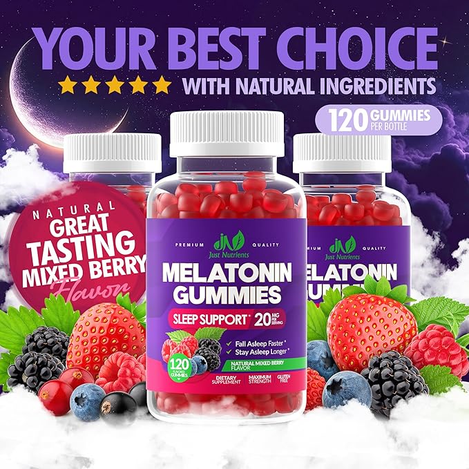 Melatonin 20mg Gummies (120 Count) - Maximum Strength Sleep Support for Adults with 10mg of Melatonin Per Gummy - Gluten-Free, Non-GMO, Vegetarian, Great Tasting Mixed Berry Flavor - 60 Servings