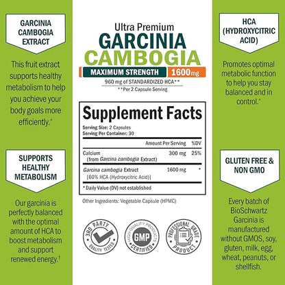 Garcinia Cambogia Weight Loss Pills - Maximum Strength Appetite Suppressant & Fat Burner for Men & Women - 1600mg Natural Extract & 960mg HCA - Metabolism Booster & Carb Blocker Capsules - 60Ct