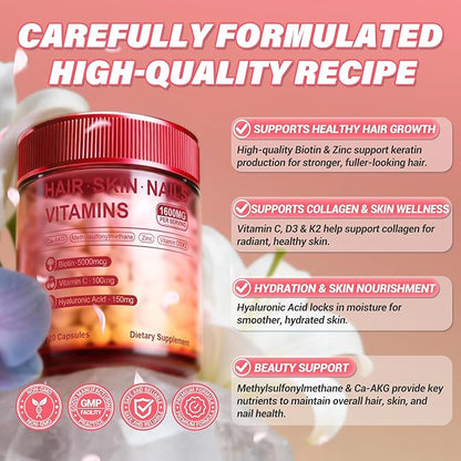 Hair Skin and Nails Vitamins – Biotin, Hyaluronic Acid, Calcium AKG, Vitamin C & Vitamin D3 K2 – Support Healthy Hair Growth, Strong Nails & Radiant Skin - 120 Capsules (1 Pack)
