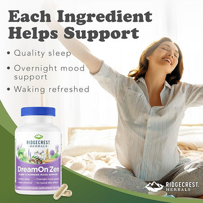 Ridgecrest Herbals DreamOn Zen, Sleep Support Supplement, Melatonin Free, Magnesium, 5-HTP, Lavender, Chamomile, Valerian, Lemon Balm for Adults and Children 12+ (60 Caps, 30 Serv)