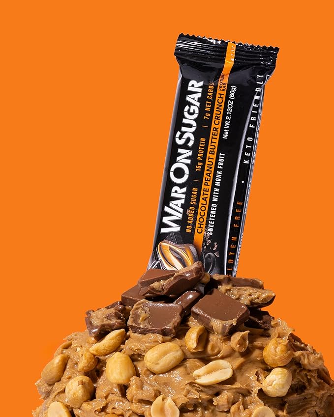War on Sugar Chocolate Peanut Butter Crunch - High Protein Bars, No Sugar Added, 15g Protein, 7g Net Carbs, Keto Friendly, Gluten Free, All-Natural Ingredients, Monk Fruit Sweetened, No Crash - 12 Count Box