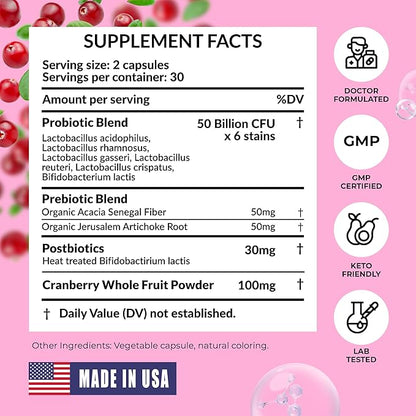 Women’s Probiotic for Vaginal Health | 50 Billion CFU with Probiotics, Prebiotic, Postbiotics & Cranberry for pH Balance, UTI Support, Yeast, Gut Health, Odor, Dryness & Feminine Comfort