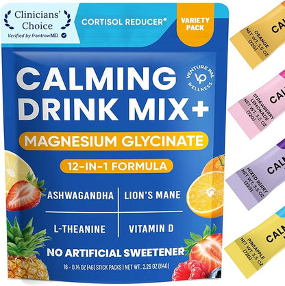 Venture Pal Calm Drink Mix, Cortisol Reducer and Sleep Aid with Magnesium Glycinate, Ashwagandha, L-Theanine,Vitamin D, Calm Magnesium Powder for Relax & Focus, No Sugar, Non GMO, Vegan & Gluten-Free