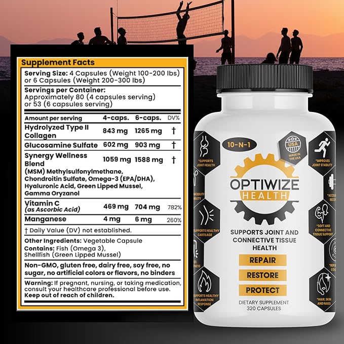OptiWize 10-N-1 Joint Support Hydrolyzed Collagen,MSM, Hyaluronic Acid, Glucosamine,Chondroitin & More- Targets Joint Discomfort, Improves Mobility & Flexibility 320 Caps for Men & Women Made in USA
