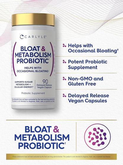 Carlyle Bloat and Metabolism Probiotic | 90 Capsules | Bloating Relief Formula | Sugar & Cellular Energy Support | for Women and Men | Vegan, Non-GMO, Gluten Free