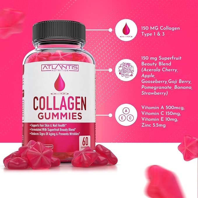 Atlantis Nutrition Collagen Peptides Gummies for Women - Formulated with Type I & III - Vitamin & Superfruit Beauty Blend - Formulated to Support Hair, Nail & Skin Health | 60 Count