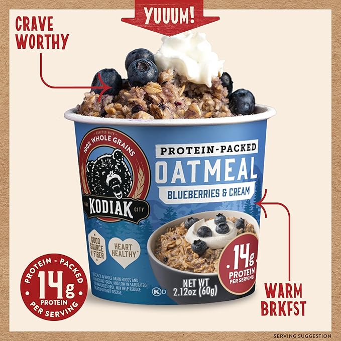 Kodiak Instant Oatmeal Cups, Blueberries & Cream, High Protein, 100% Whole Grains, (12 cups)