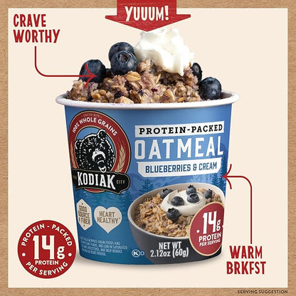 Kodiak Instant Oatmeal Cups, Blueberries & Cream, High Protein, 100% Whole Grains, (12 cups)