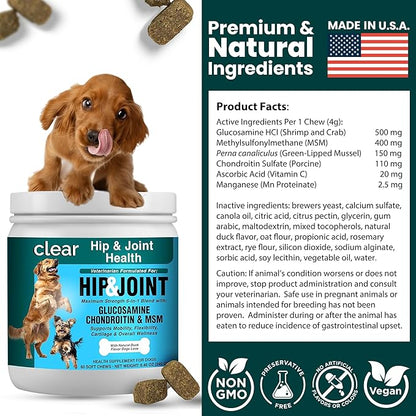 Glucosamine for Dogs Hip and Joint Supplement - Chondroitin, MSM, Green-Lipped Mussel - Clear Hip & Joint - Advanced Mobility Cartilage Support, Bone Health - Tasty Chews 60ct - Made in USA
