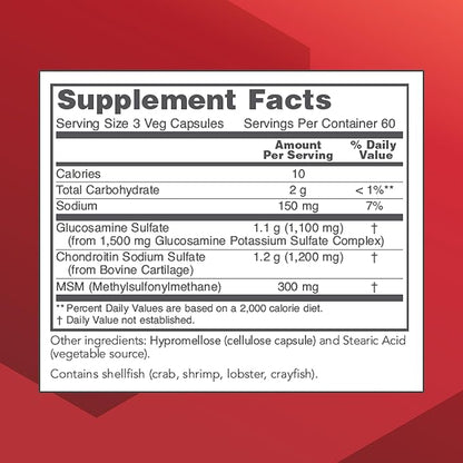 PROTOCOL FOR LIFE BALANCE Glucosamine & Chondroitin with MSM - Joint Support* - Chondroitin MSM Supplement - Non-GMO & Dairy Free - 180 Veg Caps