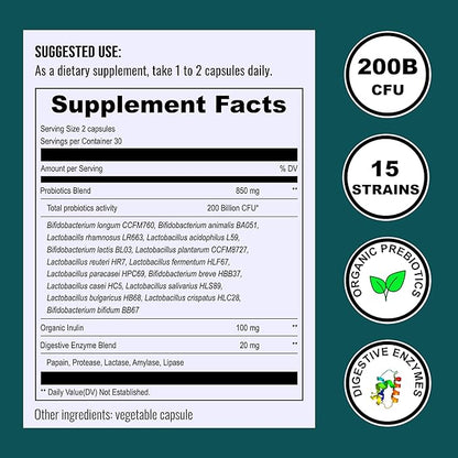 UpNourish Probiotics - 200 Billion CFUs for Men and Women, 15 Clinically Studied Strains, Prebiotics & Enzymes - 60 Vegan Capsules