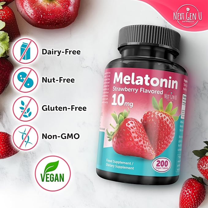 Melatonin Tablets - 10 mg Dietary Supplement - Strawberry Flavored - 200 Vegan Tablets - by NextGenU