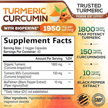 Turmeric Curcumin Supplement - 95% Curcuminoids with Organic Turmeric & BioPerine Black Pepper for Best Absorption - Daily Joint & Immune Health Support, Vegan, Non-GMO, Bottled in USA - 120 Capsules