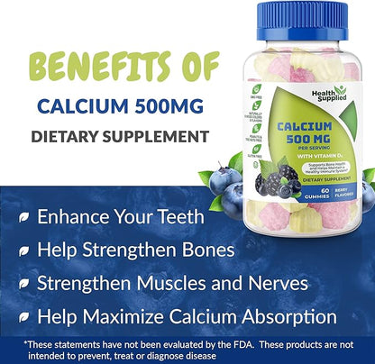 Health Supplied Calcium 500mg with Vitamin D3 1000 IU Gummies | Daily Dietary Supplement | Bone Strength, Growth, Teeth | for Adults, Teens, Kids | Great Tasting Natural Berry Flavor Vitamin Gummy