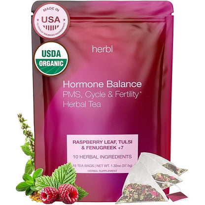 Organic Hormone Balance Tea for Women – Raspberry Leaf Tea with Fenugreek, Tulsi & Black Cohosh – Herbal Hormone Balance tea for PMS (Cramps, Mood, Bloating), Menstrual Cycle & Perimenopause Support