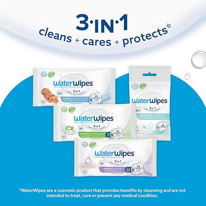 WaterWipes Sensitive+ On The Go Wipes,3-In-1 Cleans,Cares,Protects,99.9% Water,Unscented & Hypoallergenic Wet Wipes,28 Count (Pack of 2)