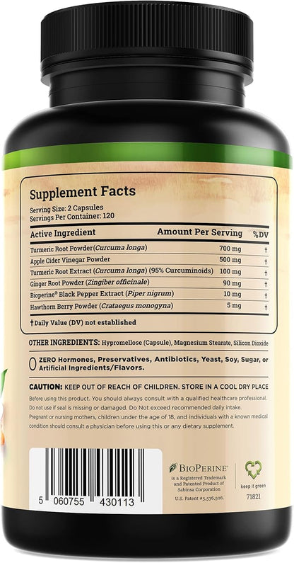 Nature's Base Turmeric and Ginger Supplement - with Curcumin, Apple Cider Vinegar & BioPerine Black Pepper Extract - 95% Curcuminoids - 240 Capsules