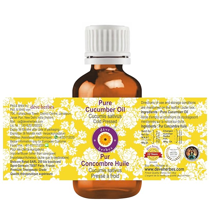 Deve Herbes Cucumber Oil (Cucumis sativus) | Cold Pressed | Pure | Natural | Undiluted | For Diluting Essential oils | For Skin & Massage | Non-Sticky | Lightweight | Men & Women | 30ml (1 oz)