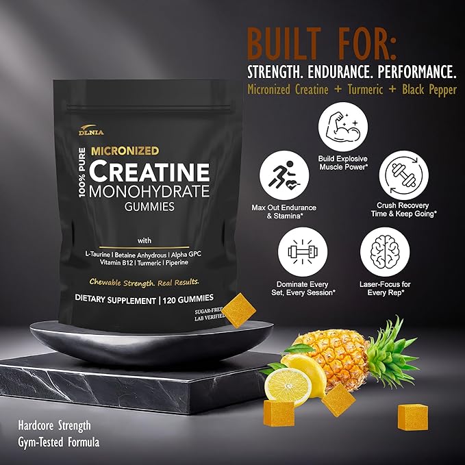 Creatine Monohydrate Gummies for Men & Women - Sugar Free & Vegan Advanced Formula W/L-Taurine + Vitamin B12 - for Muscle Strength, Muscles Builder, Recovery (120 Count (Pack of 1), Pineapple)
