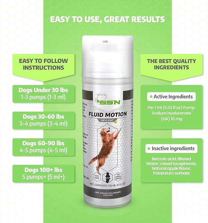 Fluid Motion - Hip & Joint Support for Dogs - Liquid Hyaluronic Acid - Joint Mobility, Skin, & Coat Supplement for Senior Dogs - Apple Flavor - Glucosamine Alternative (30-60+ Day Supply)