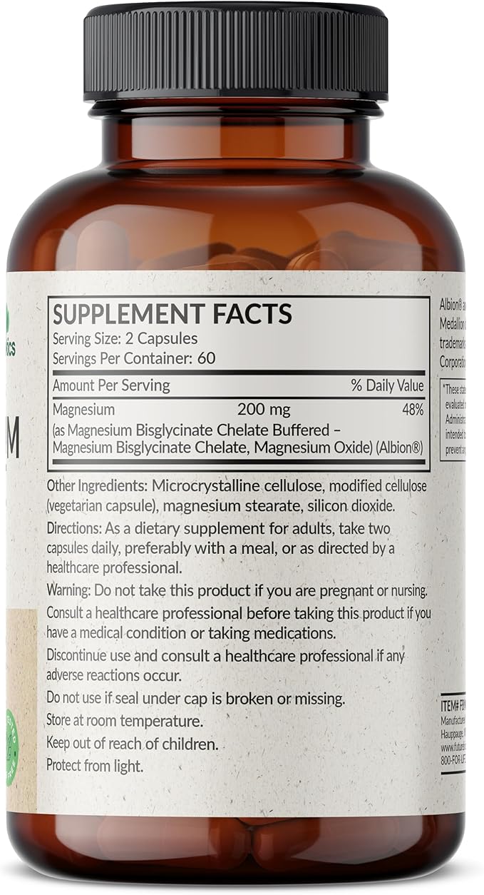 Futurebiotics Magnesium Glycinate 200 MG per Serving Chelated for High Absorption, Gentle On Stomach, Non-GMO, 120 Vegetarian Capsules