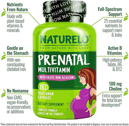 NATURELO Prenatal Multivitamin with Gentle Chelated Iron, Methyl Folate, Plant Calcium & Choline - Vegan, Vegetarian - Non-GMO - Gluten Free - 180 Capsules - 4 Month Supply (Pack of 2)