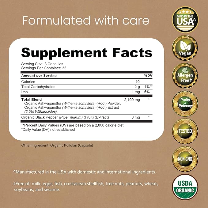 NaturaLife Labs Organic Ashwagandha 2100 mg per Serving – Herbal Supplement Root Powder & Extract – 100 Capsules – Vegan, Non-GMO, Gluten-Free (2 Pack)