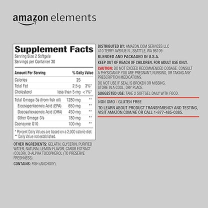 Amazon Elements Omega 3 Fish Oil + CoQ10, Natural Lemon Flavor, Wild-caught, 1250mg Omega-3s, 60 Softgels