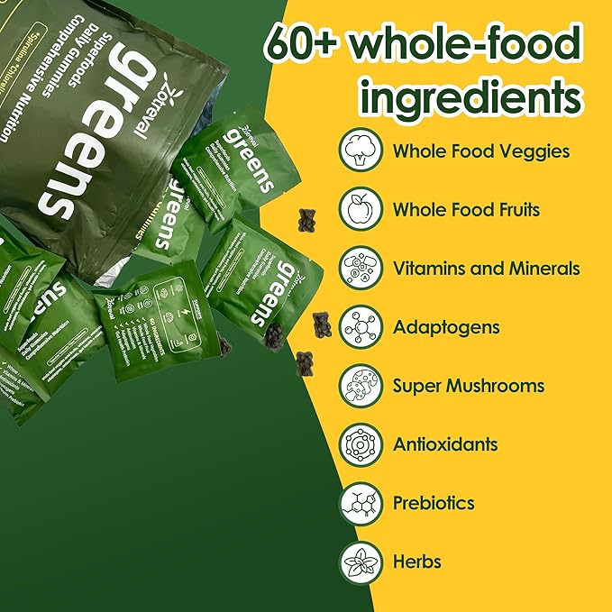 Daily Greens, Superfood Green Gummies Packets - Digestive & Gut Health, Chlorella and Spirulina Supplement with 20+ Organic Prebiotics Fiber Vitamins & Minerals - 224 Low Sugar Gummy